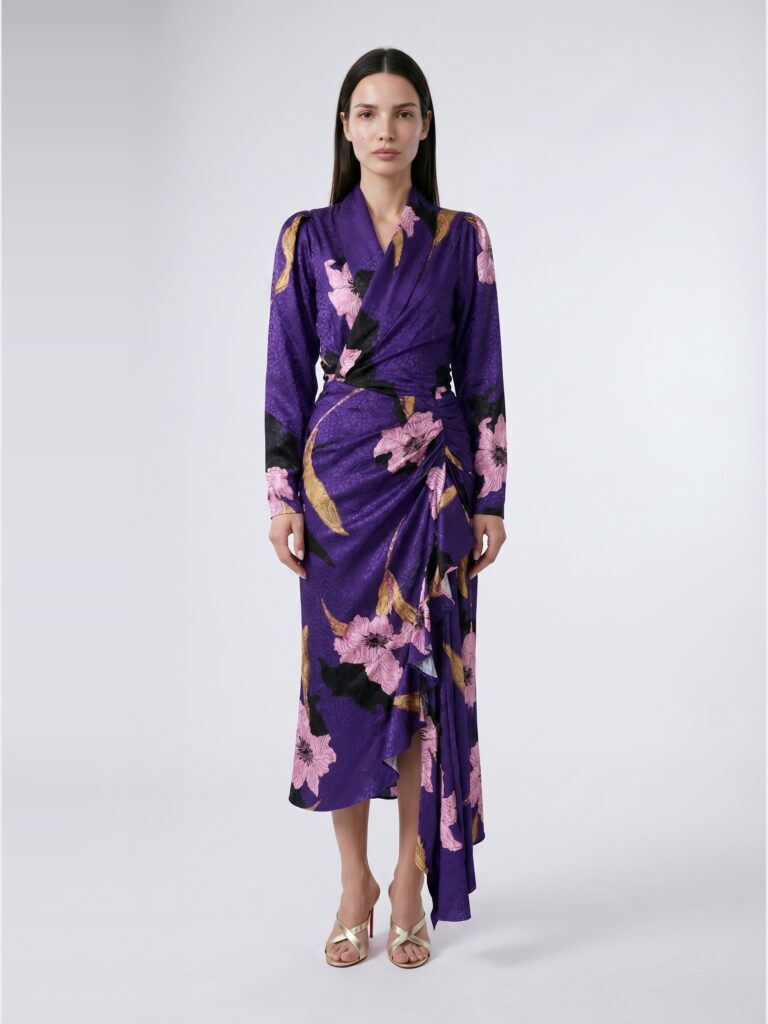 שמלת Ava Long Dress סגולה של DODO BAR OR על הדוגמנית EVA