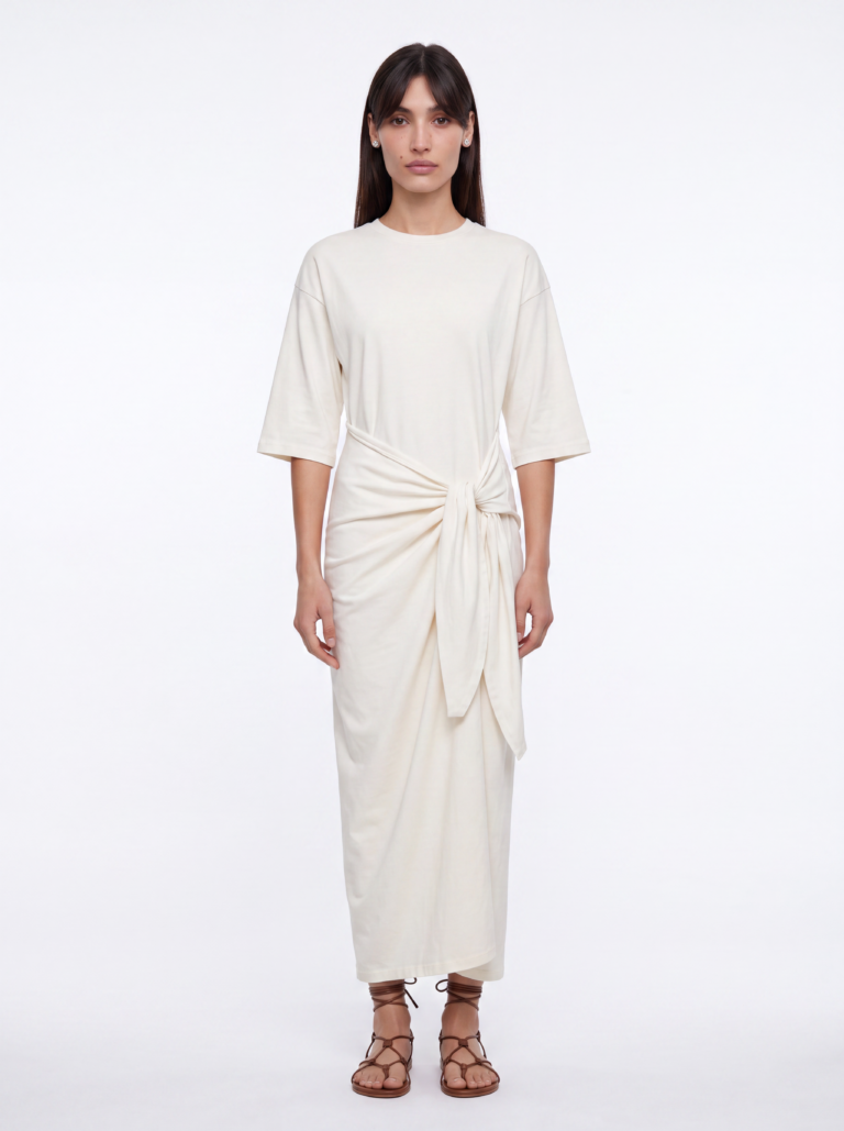 Bella wearing ESPRESSO Soft Dress Butter with brown Gianvito Rossi sandals