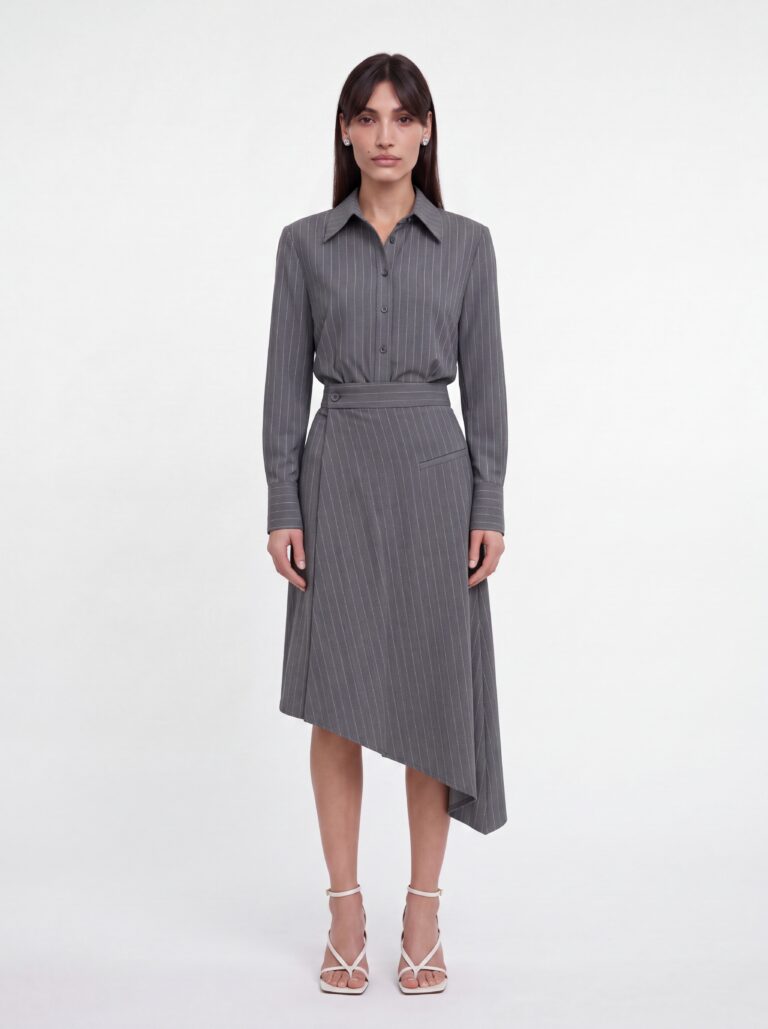 חליפת PINSTRIPED SET GRAY של LA REINE על הדוגמנית Bella