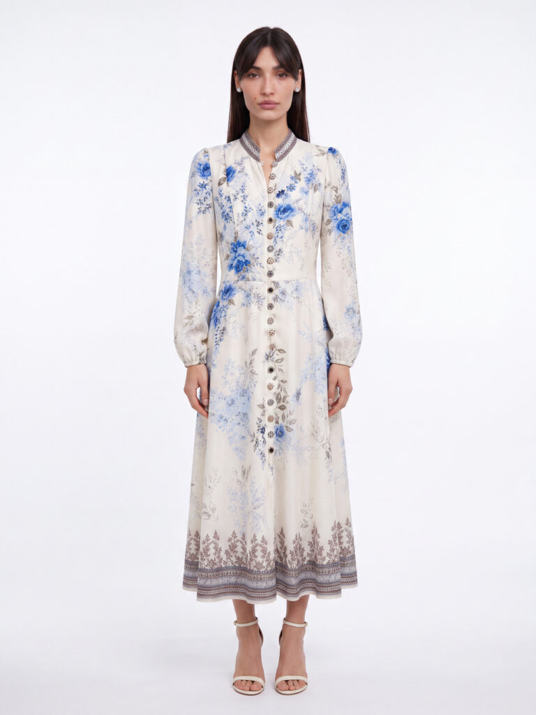 Bella לובשת שמלת VER'E SHABBAT DRESS כחולה פרחונית של HADARA