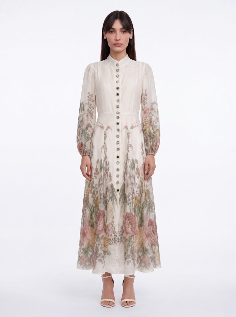 דוגמנית לובשת שמלת LEA DRESS פרחונית של HADARA